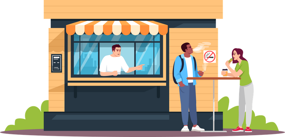 Guy smoking next to snack bar  Illustration