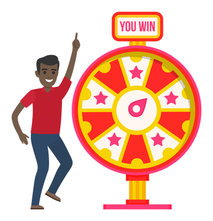 Guy spinning wheel of fortune to win prize  イラスト