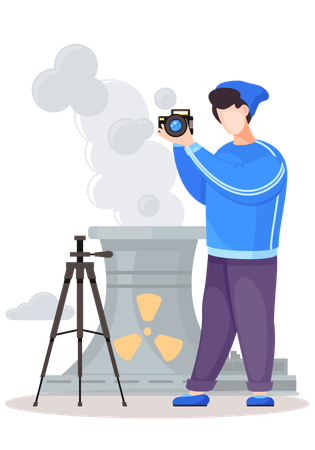 Guy standing and adjusting the lens  Illustration