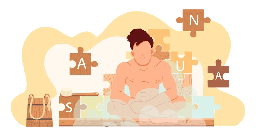 Man Sitting On Background Of Pieces Of Puzzle With Inscription Sauna Guy Steaming In Sauna Vector Illustration Male Character In Underpants Near Bath Accessories Brush And Bucket In Cloud Of Steam Illustration