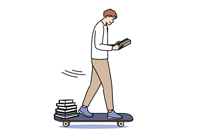 Guy student reading book and rides skateboard while preparing for exam on way home from college  Illustration