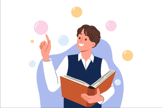 Guy Student With Book In Hands Reads Science Fiction Literature And Stands Among Air Bubbles Student Bookworm With Textbook Rejoices At Opportunity To Extract Knowledge From Encyclopedia Illustration
