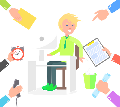 Guy surrounded with hands of bosses that gives him business task  Illustration