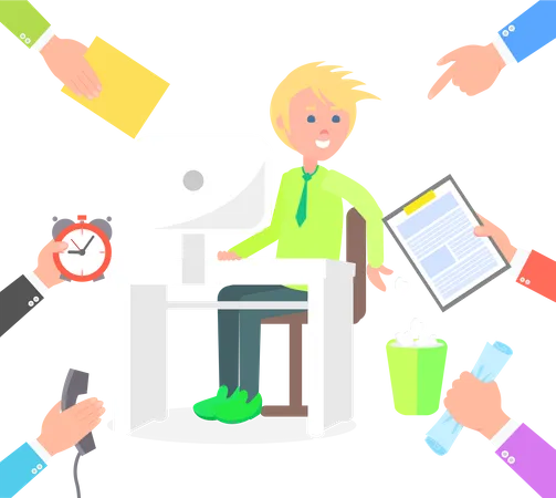 Male Office Worker At Computer Takes Work Orders Guy Surrounded With Hands Of Bosses That Gives Him Business Task Cartoon Flat Vector Illustration Illustration