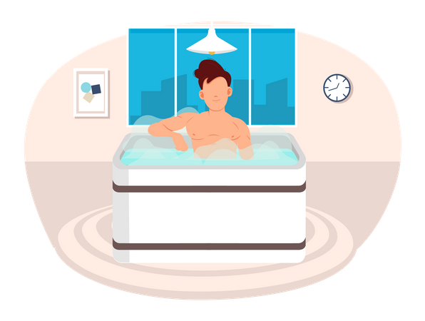 Guy takes bath with hot steam. Male character sitting in jacuzzi. Person cleans skin in bathroom  Illustration