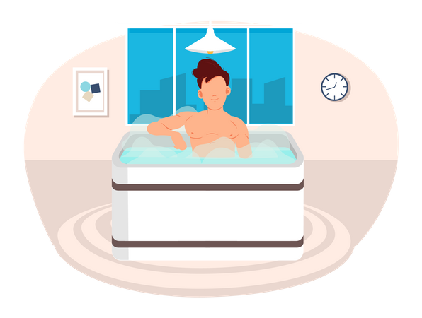 Guy takes bath with hot steam. Male character sitting in jacuzzi. Person cleans skin in bathroom Illustration