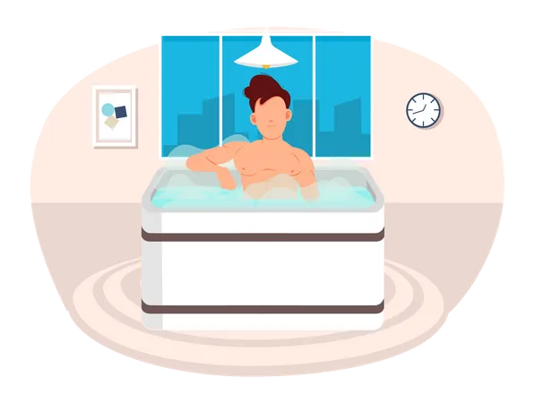 Guy takes bath with hot steam. Male character sitting in jacuzzi. Person cleans skin in bathroom  Illustration