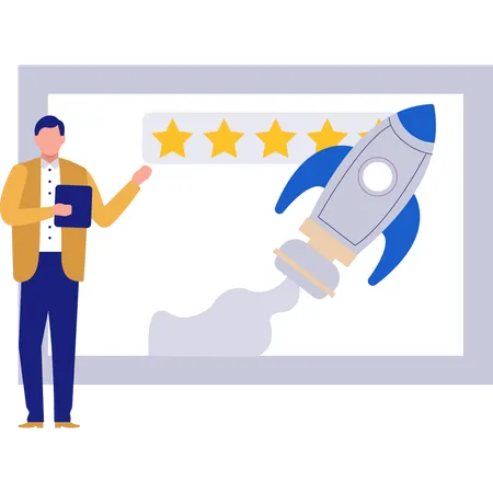 Guy Is Talking About Star Rating Startup Rocket For Business Illustration