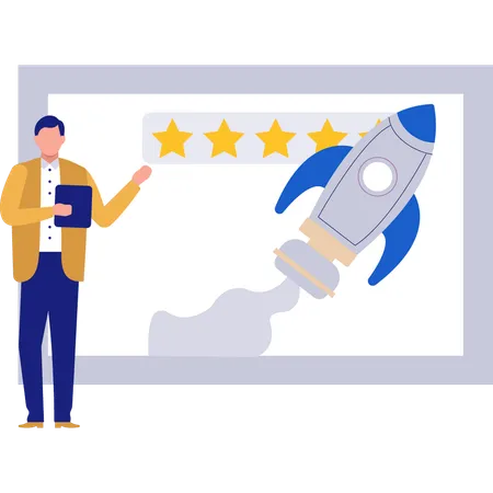 Guy talking about star rating startup rocket for business  Illustration