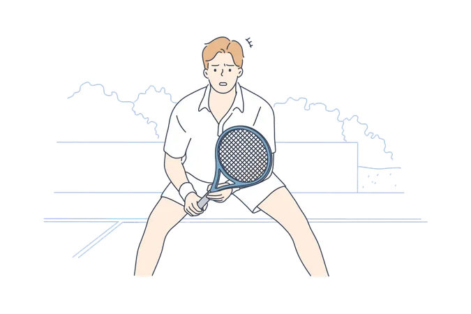 Sport Concentration Competition Play Game Concept Young Concentrated Man Guy Tennis Player Character Staying Focused In Ready Position Challenge And Participation In Match Tourney Illustration Illustration