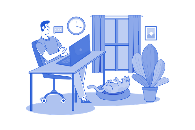 Guy travaille sur un ordinateur portable à la maison  Illustration