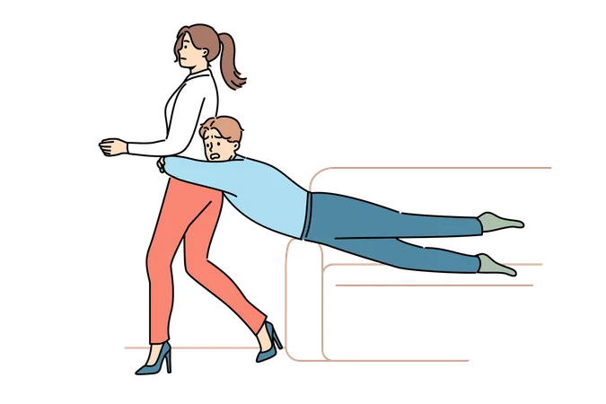 Guy Is Trying To Hold Back Wife Wants To Get Divorce Or Go To Party On Own And Grabs Girl While Sliding Off Sofa Girl Wants Divorce After Family Quarrel And Lack Of Courage In Boyfriend Illustration