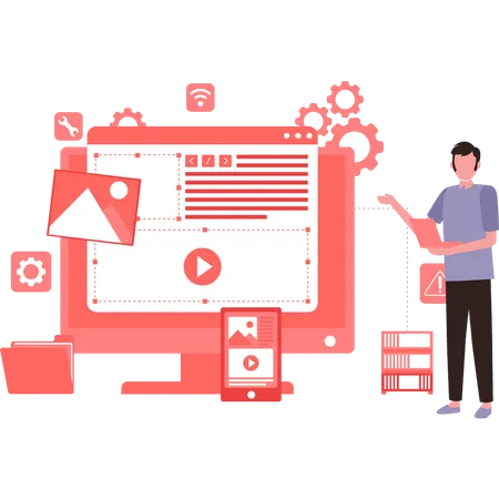 Guy updating monitor system  Illustration