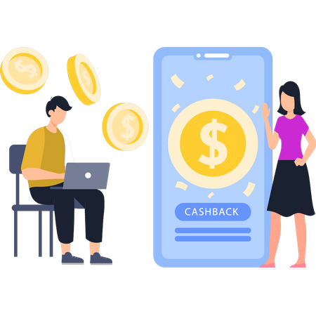 Guy Using Laptop And Getting Cashback  イラスト