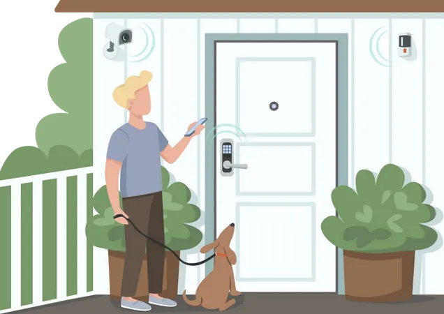 Guy using smart home security  Illustration