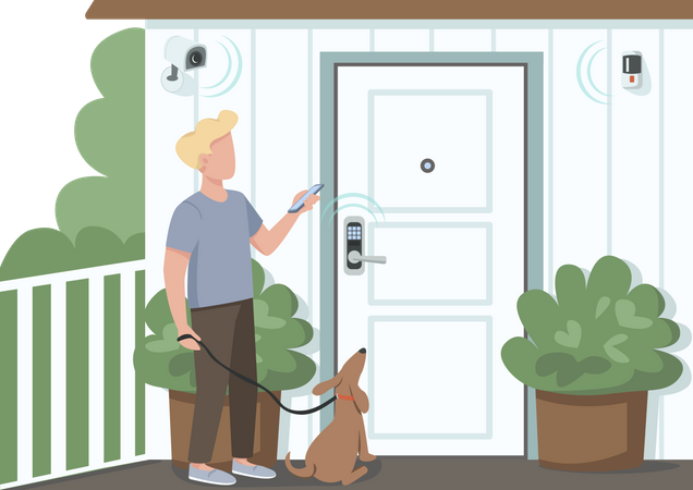 Guy using smart home security  일러스트레이션