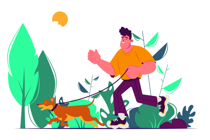 Guy walks his dog and runs with it in the park  Illustration