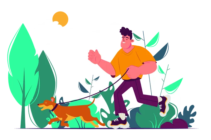 Pets Concept With People Scene In The Flat Cartoon Design A Guy Walks His Dog And Runs With It In The Park Vector Illustration Illustration