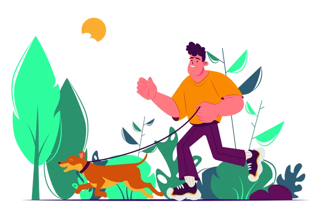 Guy walks his dog and runs with it in the park  Illustration