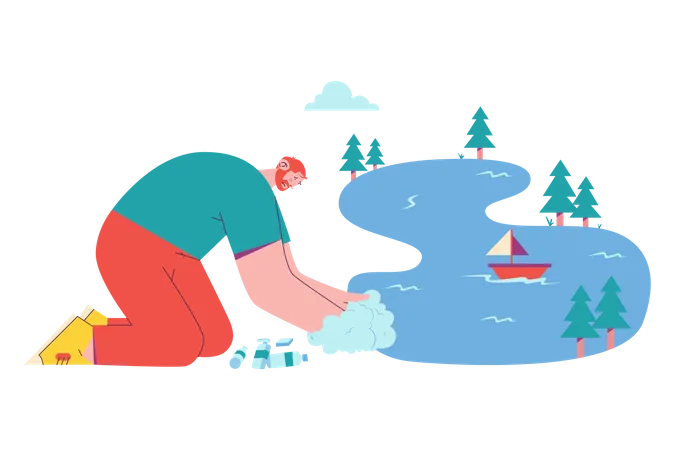 Guy Wash His Hand in The Lake Illustration