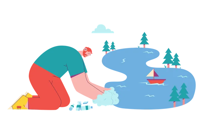 Guy Wash His Hand in The Lake  Illustration