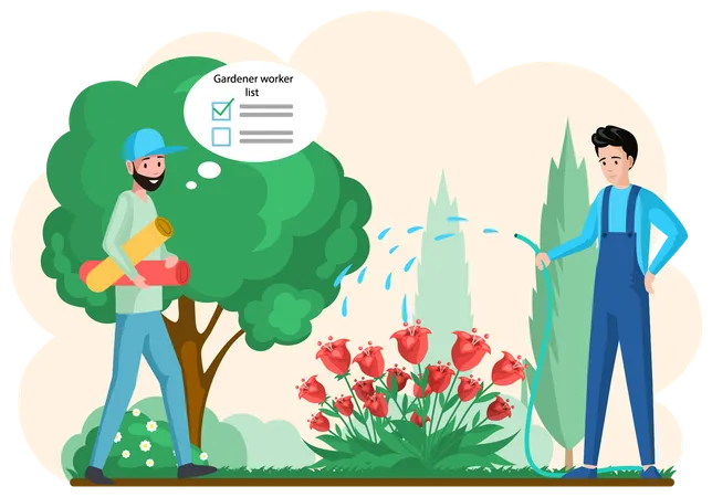 Guy watering flowers while gardener worker going with list Illustration
