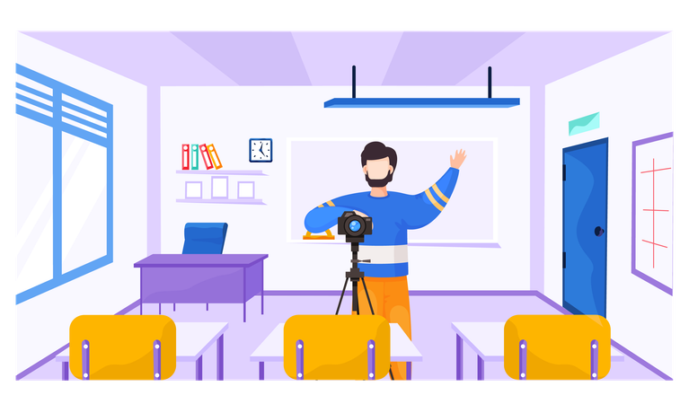 Guy with camera on a tripod raises his left hand  Illustration