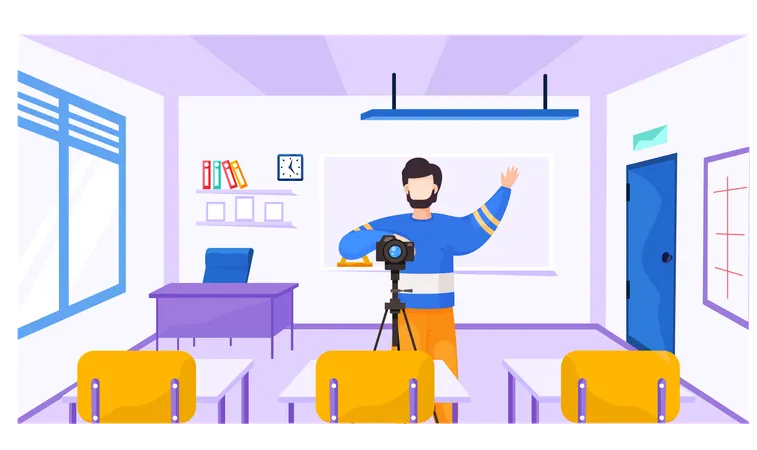 Guy with camera on a tripod raises his left hand  Illustration