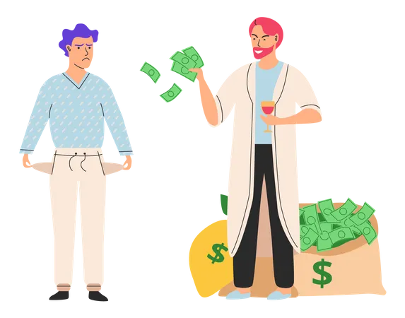 Guy with empty pockets and successful millionaire  Illustration