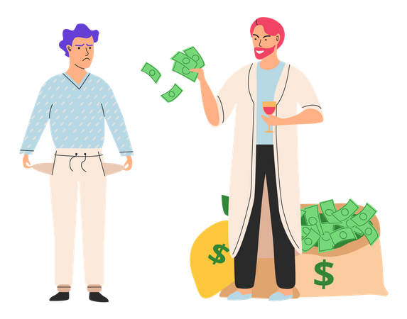 Guy with empty pockets and successful millionaire  Illustration