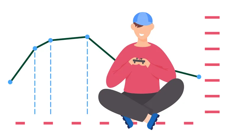 Guy with gamepad in his hands sits near bar graph  Illustration