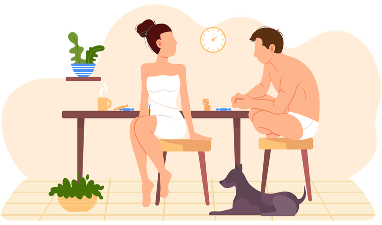 Guy with girl in underwear are plying after bath  Illustration