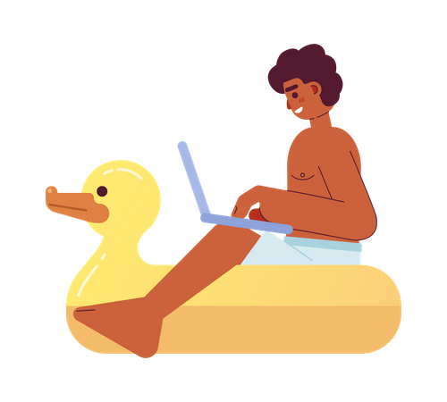 Guy with laptop on duck pool float  Illustration