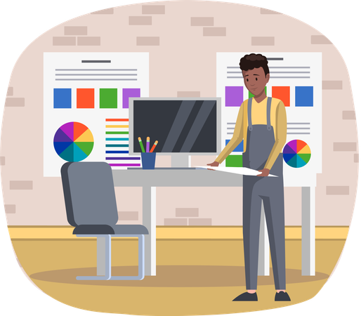 Guy with paper sheet in his hands working in office of print house  Illustration