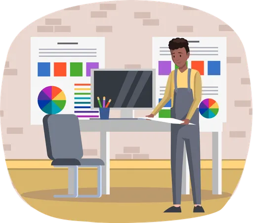 Guy with paper sheet in his hands working in office of print house  Illustration