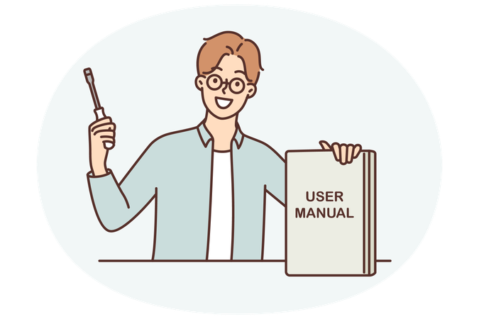 Guy with screwdriver shows book with inscription user manual recommending use educational literature  Illustration
