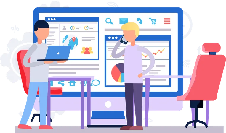 Guy with the laptop works with statistics and analytics  Illustration