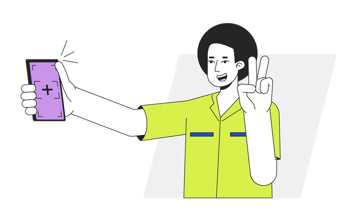 Guy with victory gesture posing for selfie  Illustration