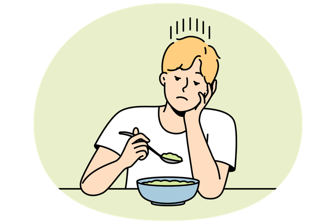 Guy without appetite looks at lean diet dish  Illustration