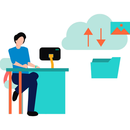 Guy working on cloud data transfer  Illustration