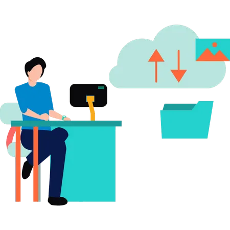 Guy working on cloud data transfer  Illustration