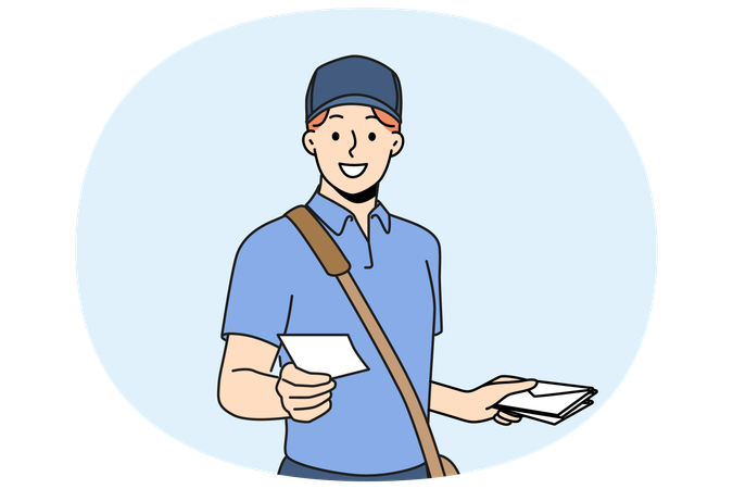 Guy works as postman and with smile holds envelope with letter and delivery correspondence  Illustration