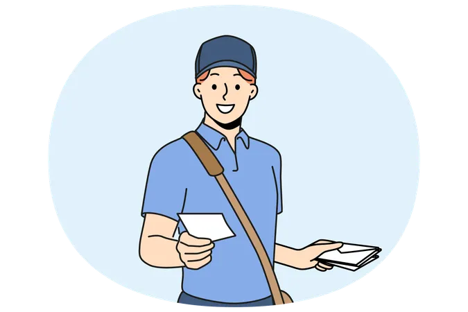 Guy works as postman and with smile holds envelope with letter and delivery correspondence  Illustration