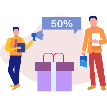 Guys announcing 50 percentage off on gift  Illustration