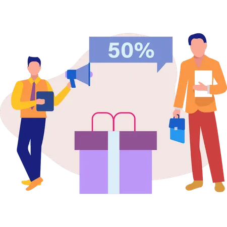 Guys announcing 50 percentage off on gift  Illustration