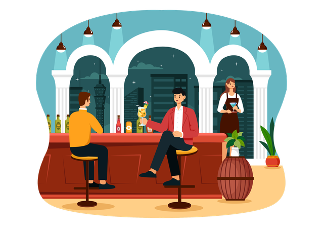 Guys enjoying cocktail drink at Cocktail Bar  Illustration