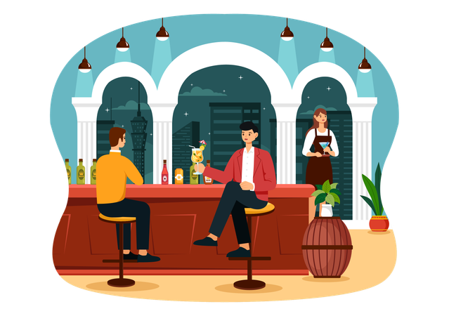 Guys enjoying cocktail drink at Cocktail Bar  Illustration