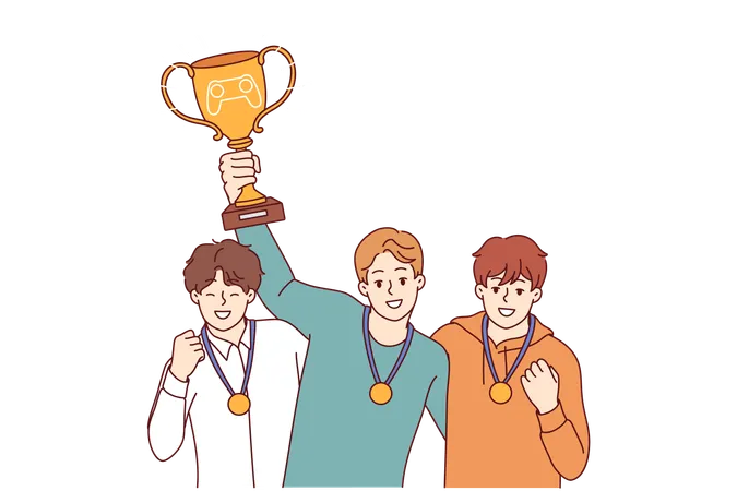 Guys gamers with cup for winning esports tournament celebrate victory and receiving gold medals  Illustration