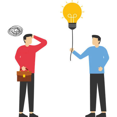 Problem Solving Skill To Think Of Solution Creativity To Solve Difficult Issue Resolution Or Coaching To Help Trouble Confused Businessman With Messy Thinking With Other Giving Lightbulb Solution Illustration