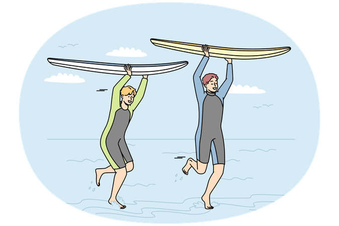 ウェットスーツを着た男たちがサーフボードを持って海岸沿いを走る  イラスト